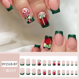 Christmas Nails Press on Nails Short Square Fake Nails Glitter Green Edge French Designs Christmas Candy Cane Pattern Full Cover Glue on Nails False Nails Xmas Winter Nail Decorations for Women 24Pcs