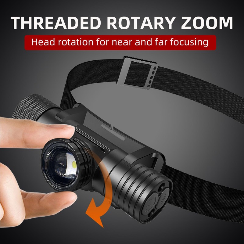 Headlamp Rechargeable, Super Bright Zoomable Headlamps, IPX6 Waterproof, 6 Modes
