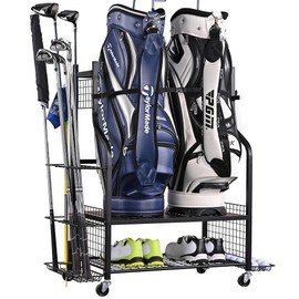 PLKOW Golf Bag Stand Golf Bag Organizer Fits for 2 Golf Bags Golf Clubs Golf Equipment, Golf Bag Holder Golf Organizer for Garage Shed Basement