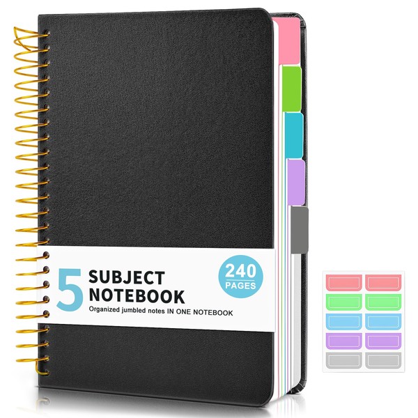5 Subject Notebook College Ruled, Hardcover Spiral Notebook with Removable