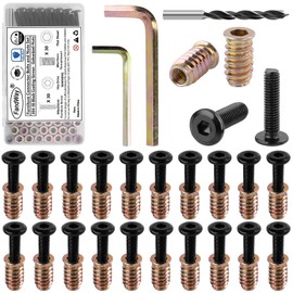 FandWay 30 Sets M6x20mm Furniture Screw Nut,M6x15mm Threaded Inserts for Wood,Connector Bolts and Nuts Set,Flat Head Allen Screw-in Nuts,Hex Socket Drive with Wrenches and Drill Bit.