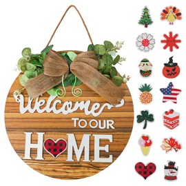 Interchangeable Wooden Seasonal Welcome Sign, Round Front Door Wreath for Front Door, Porch, Farmhouse, Wall Decoration, Suitable for Spring, Summer, Fall and Winter Seasons Holiday Decoration