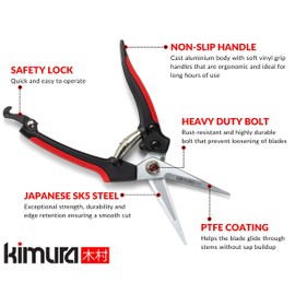 Kimura® 8" Pro Pruning Scissors, Premium Japanese SK5 Hi-Carbon Steel Blades, Non-Slip Vinyl Coated Handles, Lightweight & Ergonomic, Multi-Tasking Pruning Shears, Garden Snips, Precision Clippers
