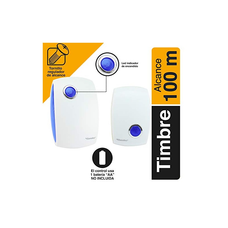 Sanelec 2643 Timbre Inalámbrico con Clavija, 32 Melodias, LED Indicador