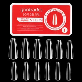 gootrades Soft Gel Full Cover Nail Tips Kit,600PCS Clear Natural Coffin Long Gel Nail Tips Pre-shaped SoakOff for Press On Nail Extension DIY Manicure,12 Sizes - Coffin Long