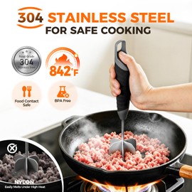 304 Stainless Steel Meat Chopper & Meat Masher, Coinicxcel 10.8 Inch Heat Resistant Ground Beef Masher with Ergonomic Thumb Rest & Anti-Slip Handle for Ground Meat and Hamburger, Dishwasher Safe