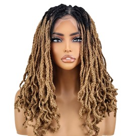 YOKABOOM Ombre Honey Blonde Braided Wigs Full Lace with Baby Hair Box Braids Wig for Black Women with Babyhair 360 Double Lace Natural Wavy Pre Braided with Square Design Black Root 16 inch