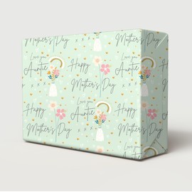 2 Sheets 2 Tags Mother's Day Green Flower Vase Love You Auntie Design Wrapping Paper White And Gold Hearts Auntie Gift Wrap (PA)
