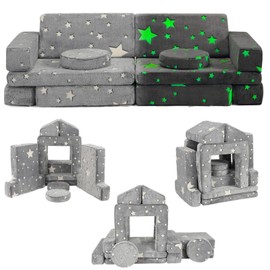 GIMMYFIVE Kids Couch Sofa 12 Pcs Modular Star Glow in The Dark, Playroom Bedroom Furniture, Convertible Fold Out Foam Couch for Boys and Girls, Grey