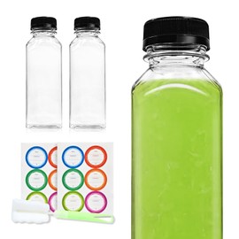 Slomg 3 Pcs 12oz Plastic Juice Bottles with Caps, Disposable Clear Juicing Containers with Brush and Labels, Reusable Empty Bulk Travel Water Bottles for Milk Tea Coffee Smoothie Drink Beverages