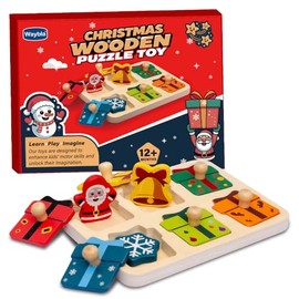 Waybla Stocking Stuffer for Kids - Christmas-Themed Wooden Peg Puzzle for Toddlers 1-3, Montessori Educational Toy and Learning Activity