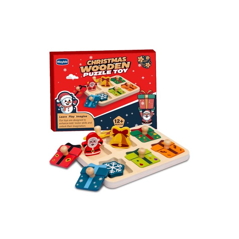 Waybla Stocking Stuffer for Kids - Christmas-Themed Wooden Peg Puzzle