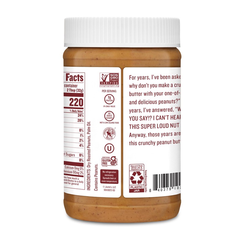 Justin's Crunchy Classic Peanut Butter 16oz. Jar, Gluten Free, Non-GMO,
