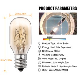 ZTTM 20W, 120V Incandescent Bulb Replacement, Suitable for Conair RP34B Illuminated Makeup Mirror, E12 Candle Holder Base, 2700K (20W 120V Bulb*2)