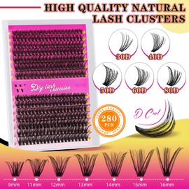 Lash Clusters 280PCS Individual Lashes D Curl Eyelash Clusters Mixed Length Cluster Eyelash Extensions Clusters Lashes with Thin Band Soft False Eyelashes DIY at Home(40D+50D,D-Mix9-16mm)