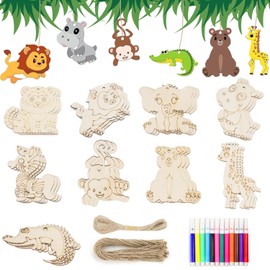 Demarsen Pack of 27 Wooden Animals for Painting, Animal Craft Set Kit, Craft for Painting Wood with 12 Colouring Pencils, Children's Birthday Crafts for Girls, Boys, Children's Birthday Parties