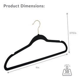 Simplify Slim Velvet Gold Hook Clothes Hangers 50 Pack | Non-Slip | Shirts | Suit | Pants | Dresses | Garments | Closet Storage & Organization | Durable | Black