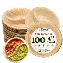 Dtocs Palm Leaf 4 Inch Round Dip Bowls Set (100) | Mini Bamboo Bowls Disposable Like Divided Pinch Bowl, Condiment, Soy Sauce Dish | Compostable Alternate to Ceramic Dishes, Clear Plastic Cups