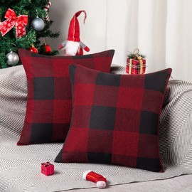ORANIFUL Buffalo Check Cushion Covers 55cm x 55cm set of 2 Linen Decorative Square Tartan Throw Pillow Case for Sofa Couch Bed Home Decor Car 22x22 Inches (Burgundy & Black)