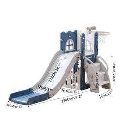 5 in 1 Toddler Slide Indoor, Kids Outdoor Playground with Slide, Baby Climber Slide Playset with Basketball Hoop,Ball, Telescope and Steering Wheel - Blue&Grey