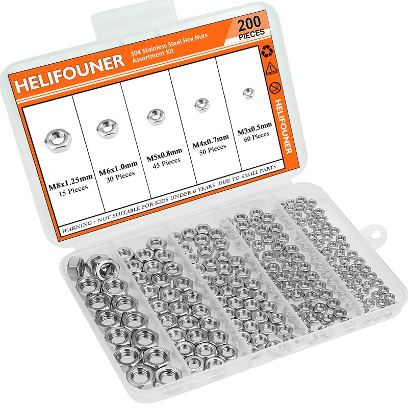 HELIFOUNER 200 Pieces 5 Sizes Metric Hex Nuts Assortment Kit,