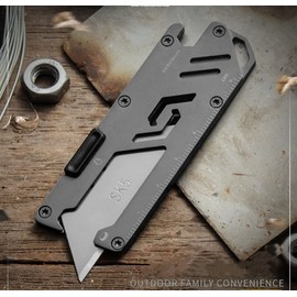 KUNSON Stainless Steel Keychain Utility Knife, Portable Pocket Retractable Box Cutter for Cartons, Cardboard and Boxes, Office and Home EDC Use Extra 5 Blades Included, Grey