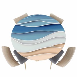 CNNKEPTBLE Round Fitted Tablecloth, Abstract Blue Gradient Ocean Waves Waterproof Table Cover with Elastic Edge, Brown Water Ripple Wipeable Table Covers for Indoor Outdoor,36-44IN