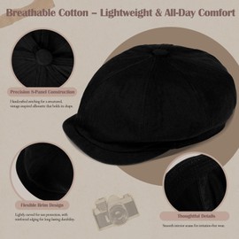 Newsboy Hats for Men Women - Classic 8-Panel Flat Ivy Cabbie Cap, Lightweight for Daily Wear Black