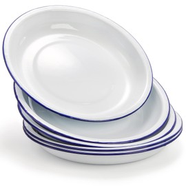 Dicunoy Set of 5 Enamel Plates, 9.5" Unbreakable Enamelware Dinner Serving Platter Trays, Retro White Round Shallow Bowls with Blue Rim for Pasta, Salad, Camping, Outdoor, Picnic, BBQ