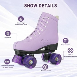 YYW Stylish Roller Skates for Women Girls, High-top Cozy Microfiber Leather Roller Skates,Classic Double Row Indoor Outdoor Roller Skates for Beginner (Purple,35-US Women 6/ Youth 4.5)
