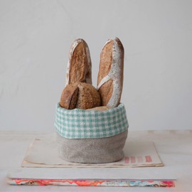 Creative Co-Op Handwoven Linen Bread Basket with Gingham Lining, Aqua and Natural Textiles Storage, 7" L x 7" W x 9" H, Blue