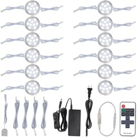 Meigour Hardwired Under Cabinet Puck Light Kit, Linkable Daisy Chained Wireless Remote Control Dimmable, 110V Wall Plug Electric Wired to 12V LED Display Case Shelf Lighting, 12 Lights, Cool White