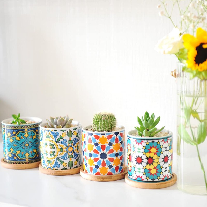 Ascrafter 6 Pack Mandala Succulent Plant Pot with Bamboo Trays,