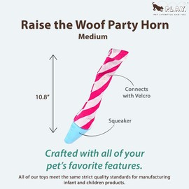 P.L.A.Y. Cute Plush Dog Toys - Birthday Party Themed Durable Squeaker Chew Toy, Great for Puppies & Small, Medium, Large Dogs - Machine Washable, Recycled Materials (Raise the Woof Party Horn, Medium)