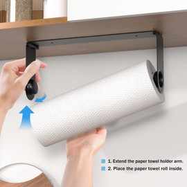 Paper Towel Holder Under Cabinet, Wall Mount Paper Towels Holder for Kitchen Under Counter, Self Adhesive and Drilling, Heavy-Duty Hanging Paper Towel Roll Holder Inside Cabinet Door, Black