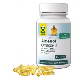 Raab Vitalfood Algae Oil Omega-3 Capsules, Pack of 30, Vegetable, with DHA and EPA (2:1), Made from Microalgae, The Sustainable Alternative to Fish Oil