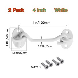 Joyangy 2 Pack 4 Inch White Stainless Steel Hook and Eye Latch, Heavy Duty Barn Door Lock for Gates, Sheds, Windows, Fences, Cabin - Solid Thicken Privacy Latch with Mounting Screws