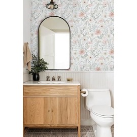 CiCiwind Pink Floral Peel and Stick Wallpaper Farmhouse Removable Self Adhesive Modern Wall Paper for Bedroom Bathroom Light Green Leaf Contact Paper for Cabinets Shelf Drawer 17.3" × 78.7"