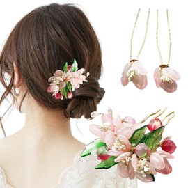 3PCS Handcrafted Cherry Blossom Hair Pins, Pink Floral Wedding Hair Accessories with Pearls, Traditional Chinese Style