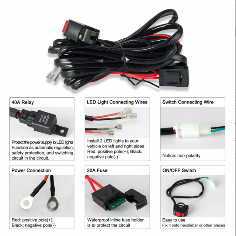 Motorcycle LED Work Light Switch Wiring Harness 12V 40A for