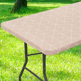 misaya Rectangle Fitted Plastic Table Cloth, Elastic Vinyl Flannel Backed Tablecloth, Waterproof Table Cover Fits 6 Foot Folding Tables for Outdoor Picnic Camping (Khaki, 30" x 72")