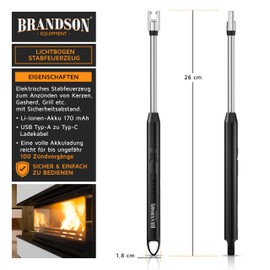 Brandson - Feuerzeug elektrisch - Stabfeuerzeug Lichtbogen mit Akku - USB aufladbar - Kaminanzünder - für Küche Kerzen Gasherde Grill Kamin