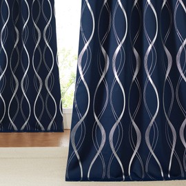 NICETOWN Blackout Curtain Panels 84 inches Long, Window Treatment Foil Printed Wave Lines Thermal Insulated Grommet Blackout Drapes for Living Room/Office/Guest Room(Navy Blue, 1 Pair, 52" Wide)