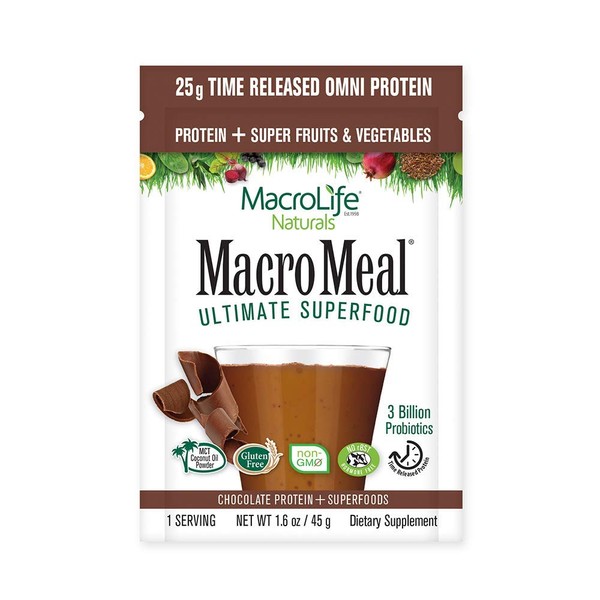 MacroLife Naturals MacroMeal Omni Chocolate Superfood Supplement Powder Protein + Greens, Probiotics, Digestive Enzymes, Fiber - Energy, Detox, Immune - Non-GMO, Gluten-Free - 1.6oz (10 Servings)