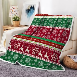 Christmas Blanket, Winter Boho Red Green Reindeer Snowflakes Christmas Throws Blankets, Cozy Soft Flannel Xmas New Year Holiday Blanket for Bed Couch Sofa Decor, 50X60IN
