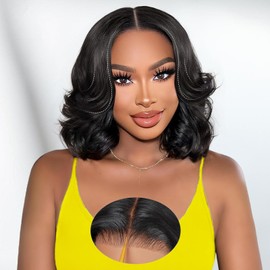 Layered Curtain Bangs Face-Framing 6x6 Glueless Bob Wigs Human Hair Pre Plucked Pre Cut HD Lace 220 Density Loose Body Wave Wig Ready to Wear Wigs Glueless Human Hair for Black Women 12 Inch
