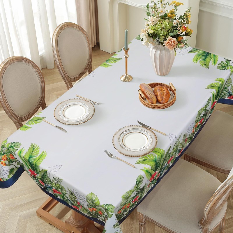 Arquiel Tropical Palm Leaf Tablecloth Waterproof, Summer Floral Bordered Rectangle