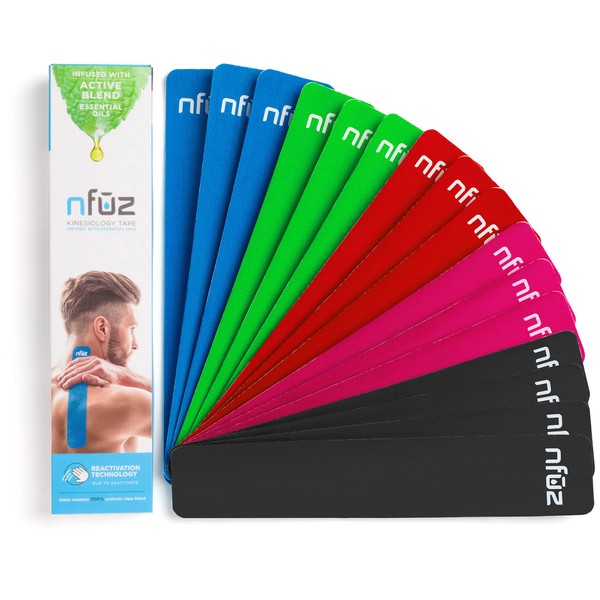 NFUZ Kinesiology Tape with Essential Oils - Active Blend - Therapeutic Aromatherapy Athletic Tape - Kinetic Physio Precut Strips - Sports Recovery Body Muscle Pain Relief (16 Count, Multicolor)