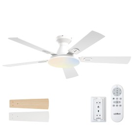 addlon Ceiling Fans with Lights, 52 inch Flush Mount Ceiling fan with Remote Control, Wall Remote, Reversible, 5CCT, Dimmable, Noiseless DC Motor, White Low Profile Ceiling Fan for Bedroom, Farmhouse