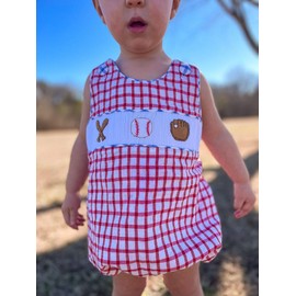 Chloefairy Newborn Baby Boy Girl Baseball Outfit Sleeveless Overalls Romper Smocked Baseball Bubble Onesie Summer Plaid Bodysuit (Red, 12-18 Months)